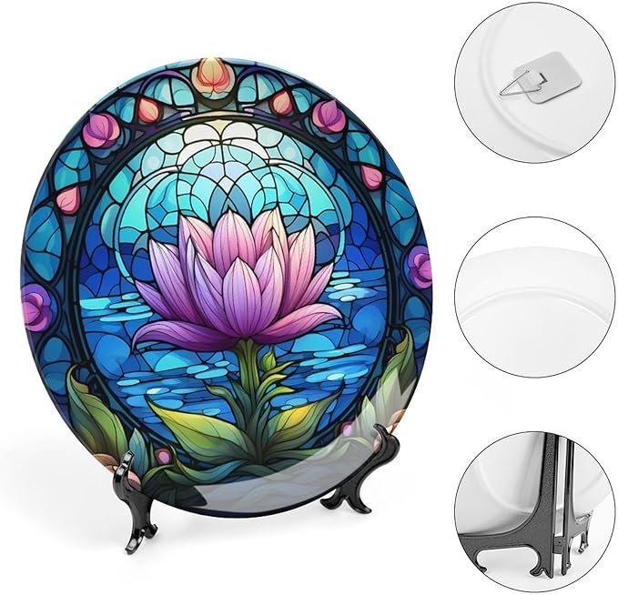 Decorative Plates, Purple Lotus Lake Landscape Stained Glass Painting Ceramic Dinner Plate Home Wobble-Plate w/ Display Stand, Wall Hanging Decor for Kitchen Household 10 Inch, Gifts for Lotus Lover