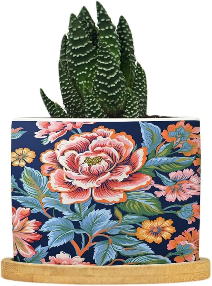 Bright and Chinoiserie Ceramic Planters Coral Peony Floral Flower Pots for Indoor Plants with Drainage Holes and Saucers Pot for Indoor Outdoor Garden