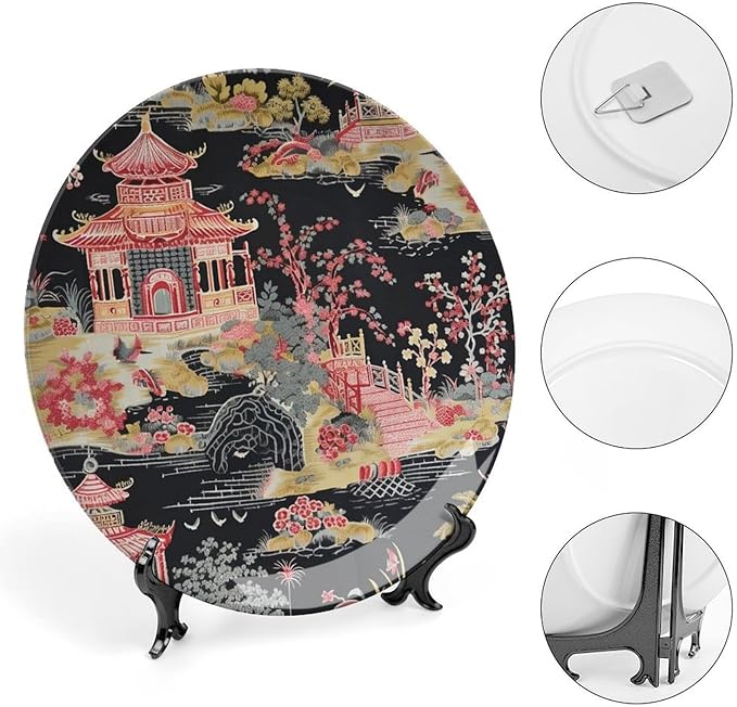 China Plates Chinoiserie Charcoal Coral Pagoda Asian Customize Decor for Household Farmhouse Housewarming Gifts Club Dinner Plates with Vertical Stand, Multi Sizes by Choosing, Gifts for Men Women