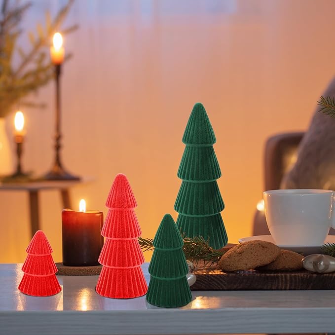 Aneco 4 Pack Velvet Ceramic Christmas Tree Christmas Indoor Decorations Modern Cone Xmas Tabletop Decor for Home Entryway Table Mantel Centerpiece Winter Holiday Party Supplies, Green, Red