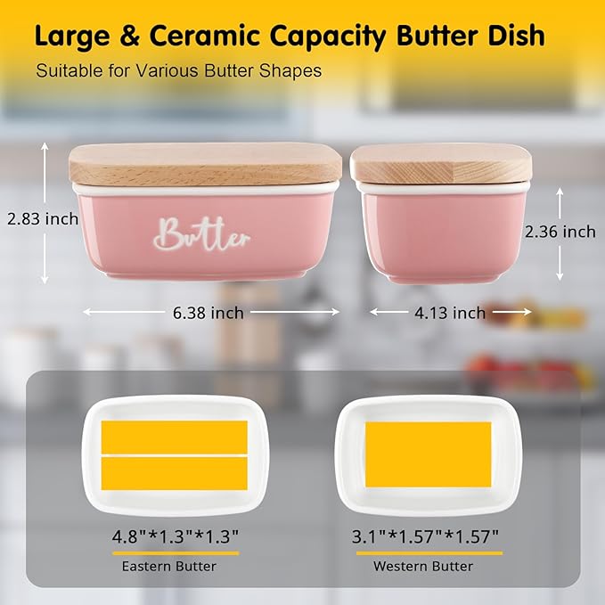 ALELION Pink Butter Dish with Lid for Countertop - Ceramic Farmhouse Butter Keeper Container with Thick Beech Wood Lid - Pink Kitchen Home Decor and Accessories for Kitchen Gifts