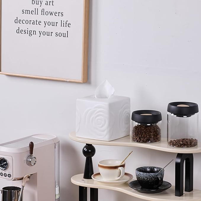 White Ceramic Rose Tissue Box Cover, Carved Flowers Large Square Tissue Box Holder Decorative for Bathroom, Vanity, Kitchen Countertop, Bedroom Night Stands, Office Desk Top