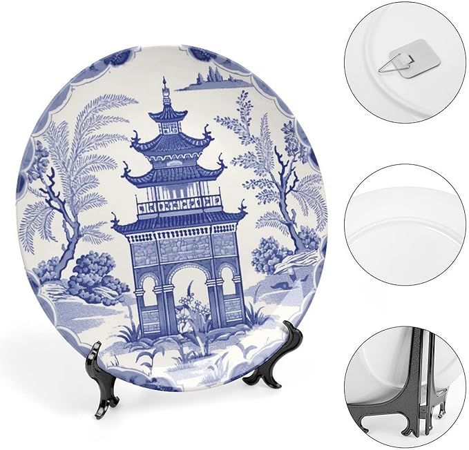 Chinoiserie Blue Asian Pagoda Plates Ceramic of 6", 7", 9", 10", Custom Ceramic Dinner Plates, Farmhouse Table Decorations Display, with Display Stand And Hook Up