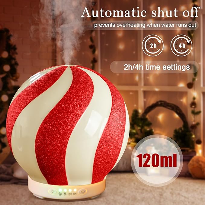 Christmas Essential Oil Diffuser Gift, 120ml Cute Ceramic Candy Cane Aromatherapy Humidifier, Holiday Xmas Home Table Decor, Peppermint Decoration for Home Office, Christmas Stocking Stuffer