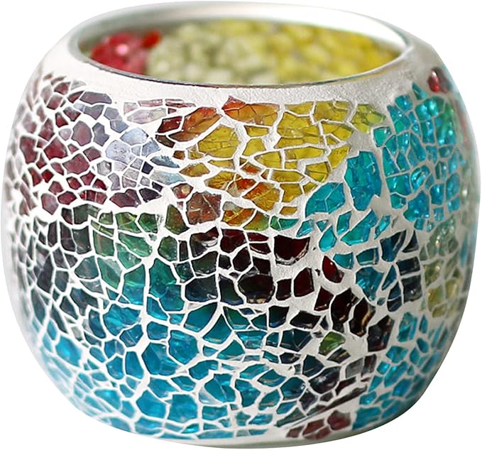Votive Candle Holders for Table Centerpiece (NO Candles) Wedding Dinner by Candlelight,Tea Light Holders Mosaic Candle Holdes Candlescape Bowl for Valentine's,Christmas Party Decor 1 PC(Rainbow)