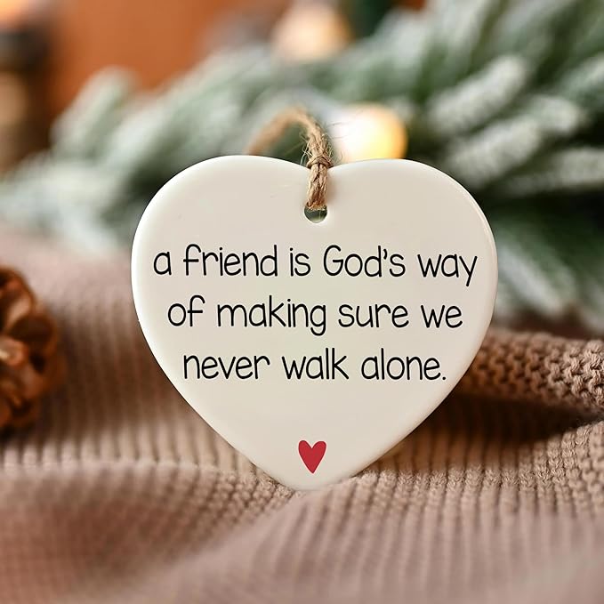 NGHYANA Christmas Tree Ornaments 2025 Heart Shaped Ceramic Ornament with Friendship Quote and Red Heart, Hanging Keepsake, 3.1 Inch