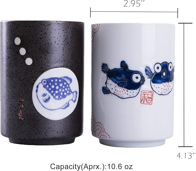 WHJY 10oz Transitional Chinese/Japanese style Handle-less Ceramic Tea cups teacup, Puffer Pattern Set of 2