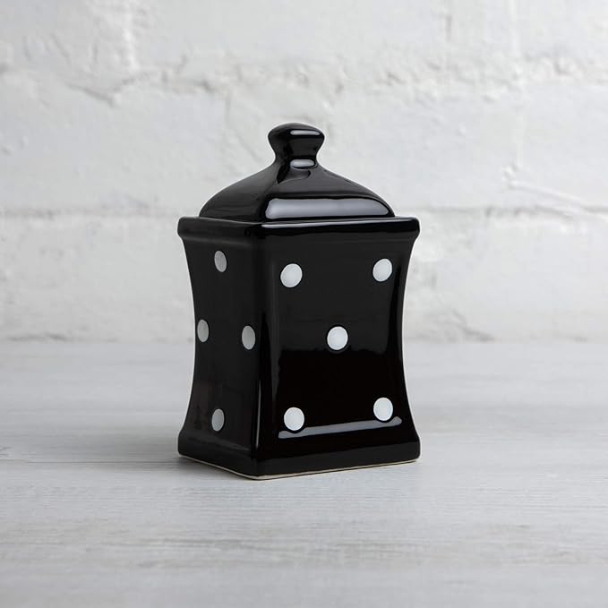 City to Cottage Handmade Small 5.3oz/150ml Ceramic Kitchen Herb, Spice, Storage Jar with Lid, Pottery Canister, Housewarming Gift (Black and White Polka Dot)