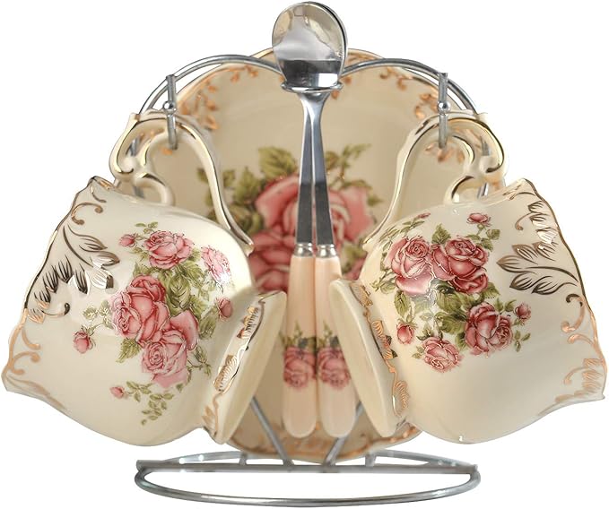 YOLIFE Tea Cups and Saucers Set of 2, Porcelain Floral Tea Cups Set with Holder, Fancy Vintage Teacups 8 oz