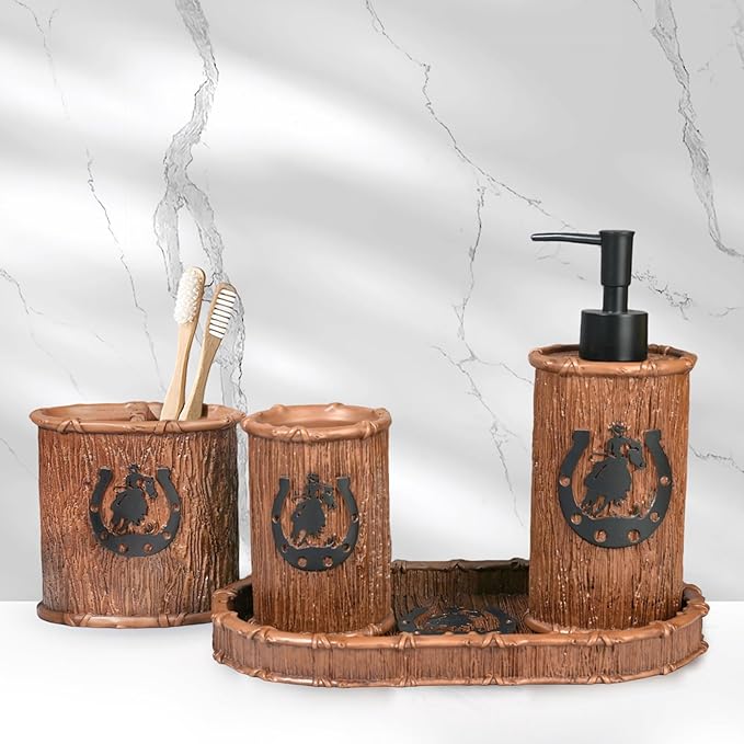 Bathroom Accessory Sets 4PCS Bathroom Accessories Set Complete Western Rustic Horseshoes Decoration Includes Lotion Dispenser Toothbrush Holder Tumbler Cup & Vanity Tray