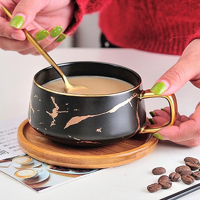 LUCCK 12oz Ceramic Marble Tea Cup with Wooden Saucer Ceramic Coffee Cup Cappuccino Cup Luxury Gold Inlay Fashion Marble Pattern for Women(Black)