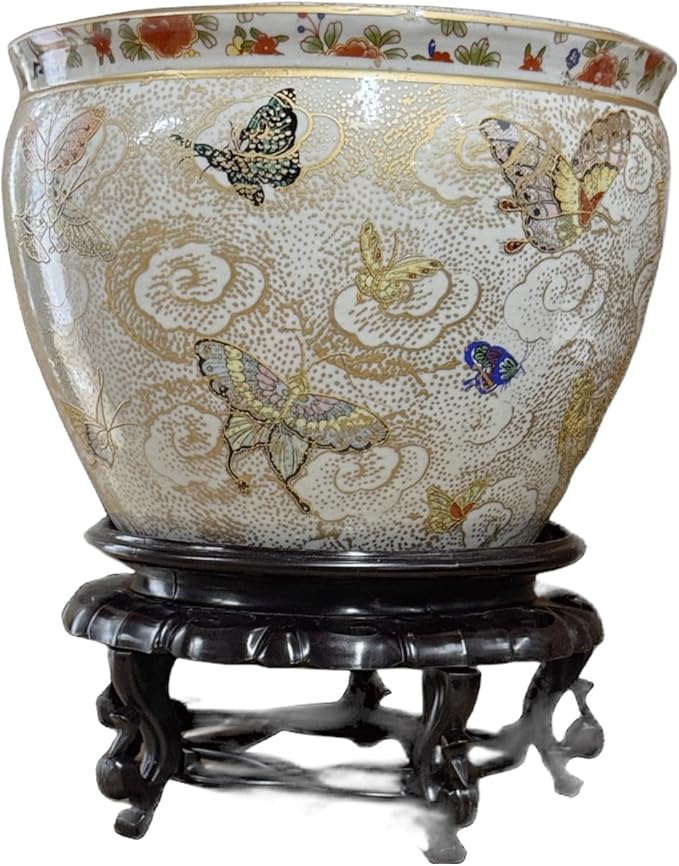 New 8" Oriental Colorful Butterfly Butterflies Themed Fish Bowl Jardiniere Planter Plant Pot & Acrylic Oriental Stand