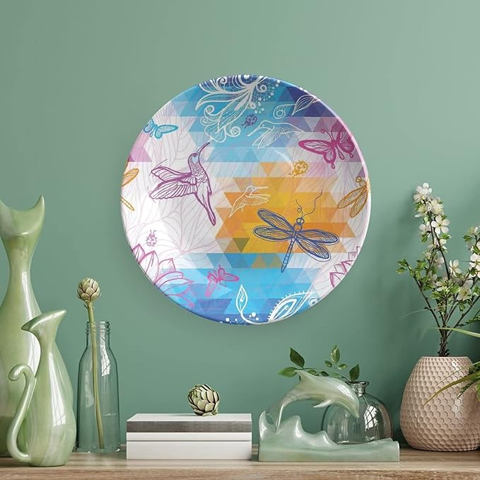 XISUNYA 7 Inch Decorative Plate, Dragonfly Round Porcelain,Beetle Dragonfly and Bird Shapes Over Geometrical Graphic Print Ceramic Wall Hanging for Home & Office Wall Hanging Decor