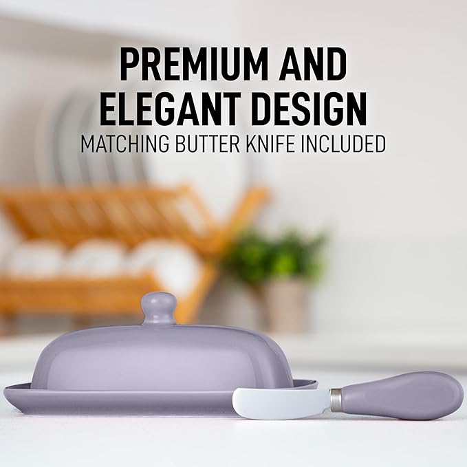 Zulay Butter Dish With Lid For Countertop - Porcelain, Ceramic Butter Dish with Knob Handle Great for Cooking - Elegant Design Butter Holder - Durable & Sturdy Butter Keeper - Periwinkle
