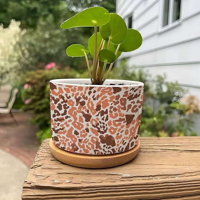 DreamAutumn Orange and Light Gray Leopard Ceramic Flower Pots,Gardening Plant Pot with Drainage Holes and Saucers Round Ceramic Pots for Indoor Plants Succulent Herbs Cactus Pots for Dad Papa Grandpa
