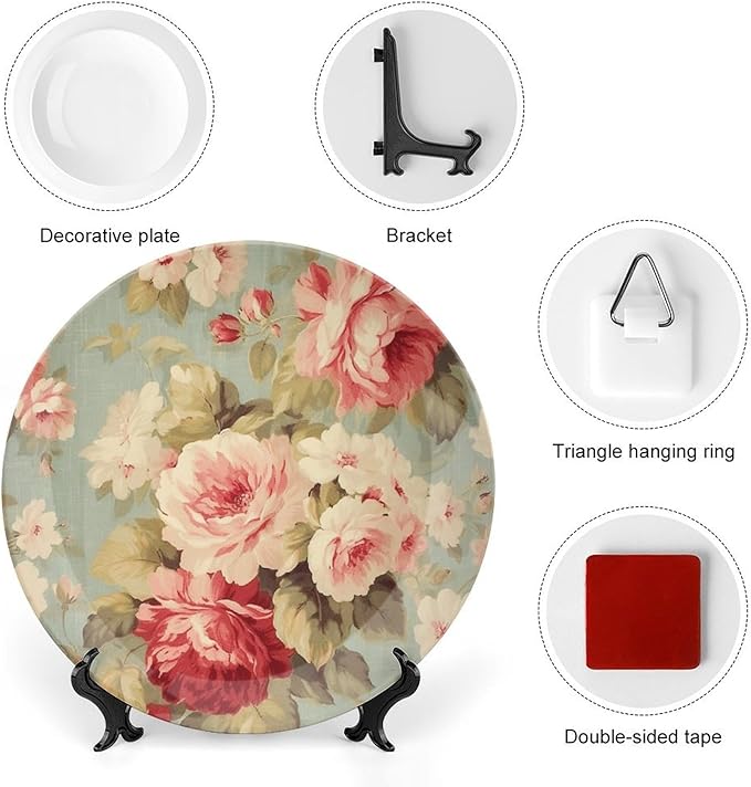 Ceramic Decorative Plate Pink Cabbage Roses Romantic Aqua Personalized Decor for Office Wall Art Decoration Ceramic Hanging Decorative Plate Including Bracket And Special Hook, Gifts