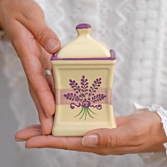 City to Cottage Handmade Small 5.3oz/150ml Ceramic Kitchen Herb, Spice, Storage Jar with Lid, Pottery Canister, Housewarming Gift (Cream Lavender Floral)