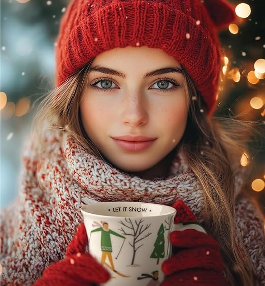 Karma, 16 oz Boho Holiday Mug - Cute Christmas Coffee and Tea Mug - Colorful Ceramic Coffee Mugs for Women and Men, Let it Snow Ski