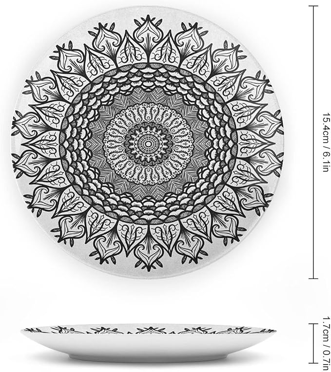 XISUNYA 10 Inch Decorative Plate, Lotus Porcelain Plate, Arabesque Mandala Flower Boho Pattern Print Ceramic Wall Hanging for Home & Office Wall Hanging Decor, Black White