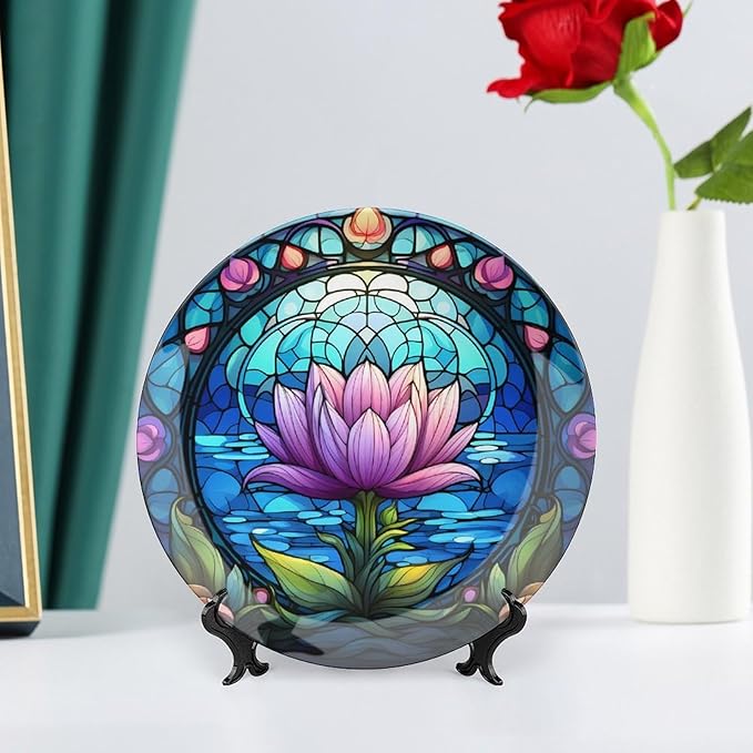 Decorative Plates, Purple Lotus Lake Landscape Stained Glass Painting Ceramic Dinner Plate Home Wobble-Plate w/ Display Stand, Wall Hanging Decor for Kitchen Household 8 Inch, Gifts for Lotus Lover