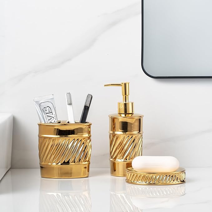 3-Piece Ceramic Bathroom Accessories Set - Soap Dispenser, Toothbrush Holder & Soap Dish with Modern Wave Embossed Design for Bathroom Accessory Set (Gold)