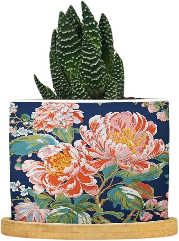 Bright and Chinoiserie Planters Ceramic Coral Peony Floral Round Plant Pot with Drainage Holes and Bamboo Tray Pot for Indoor Outdoor Garden