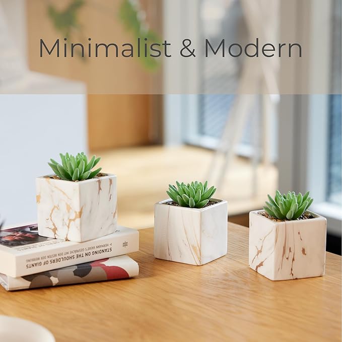 Nordik Square Marble Pots with Gold Vein Accents - Set of 3 - Modern Office and Home Decor - Lifelike Faux Plants - Artificial Desk Plants for Office and Bathroom - Mini Indoor Cactus