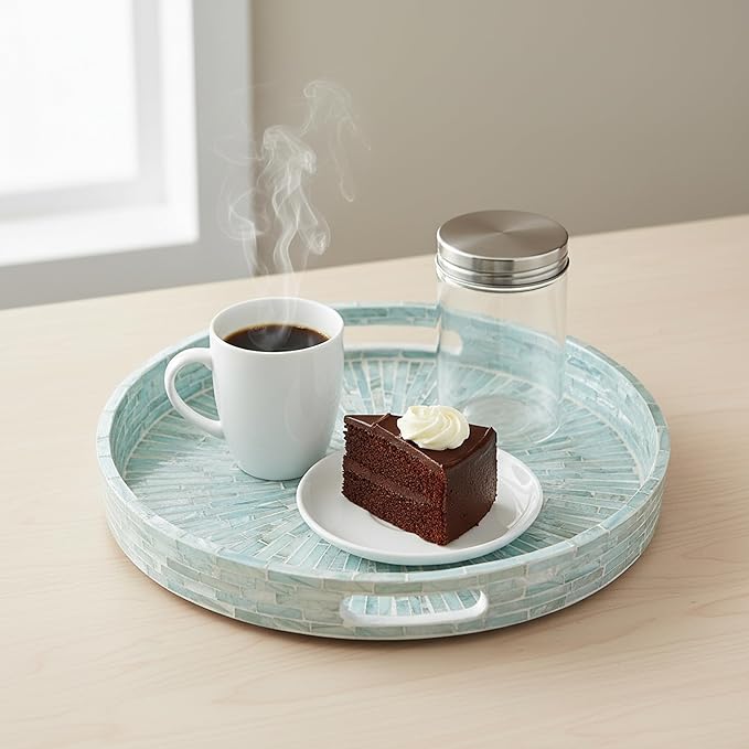 PEMAR 12.6” Mother of Pearl Round Serving Tray with Handles, Decorative Nacred Wooden Ottoman Coffee Table Tray (Teal Sunlight)