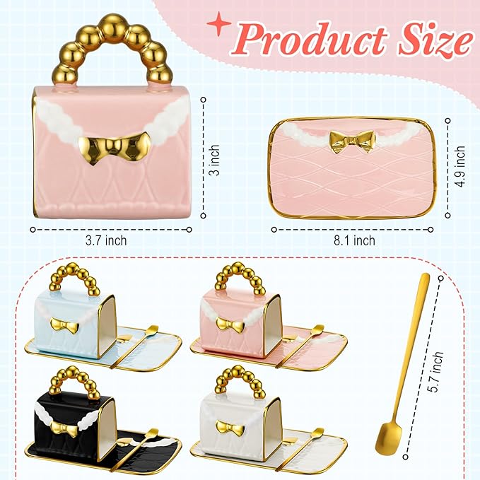 Sliner Handbag Coffee Mug Set- 4 Sets Handbag Coffee Mug with Saucer Spoon 10 Oz/ 310 ml - Cute Ceramic Creative Tea Cup for Women Girls Valentines Gift(Stylish)