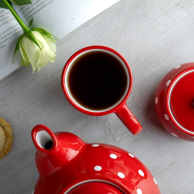 City to Cottage Ceramic Cappuccino Mug with Large Handle, 10oz Coffee Mug for Latte Hot Chocholate Tea, Daily Morning Dring at Home Office Work, Christmas Housewarming Gift Red Polka Dot