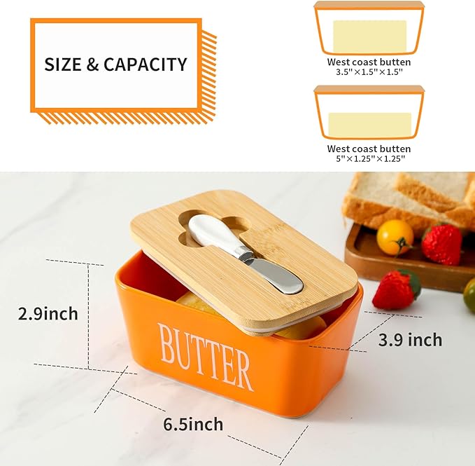 Hasense Porcelain Butter Dish with Bamboo Lid - Covered Butter Dish with Butter Knife for Countertop, Airtight Butter Container with Cover Perfect for East West Coast Butter, Orange