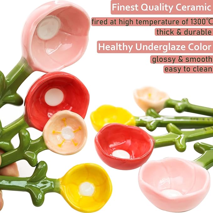 Flower Measuring Spoons Set in Pot - Ceramic Baking Measuring Spoons with Holder for Dry & Wet Ingredients - Cute Flower Figurine - Dishwasher Safe - 1 Tbsp, 1/2 Tsp, 1/4 Tsp - Unique Gift - Blue