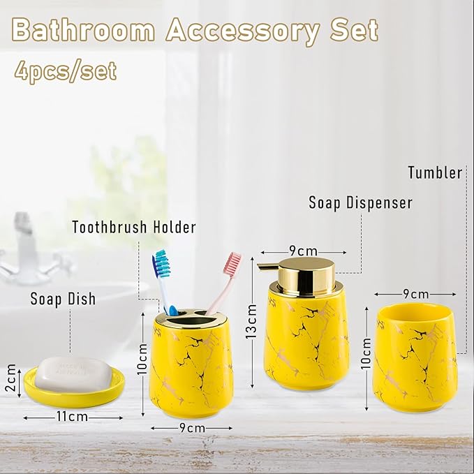 YYW Ceramic Bathroom Accessory Set, Marble Soap Dispenser Washing Set- Hand Lotion Dispenser Pump, Toothbrush Holder,Tumblers, Soap Dish-Refillable Liquid Dispenser (Yellow Four Piece)