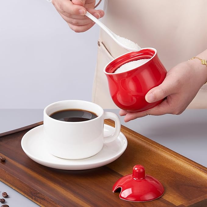 Ceramic Sugar Bowl with Lid and Spoon, Red Porcelain Sugar Salt Pepper Storage Jar, 7 Ounces
