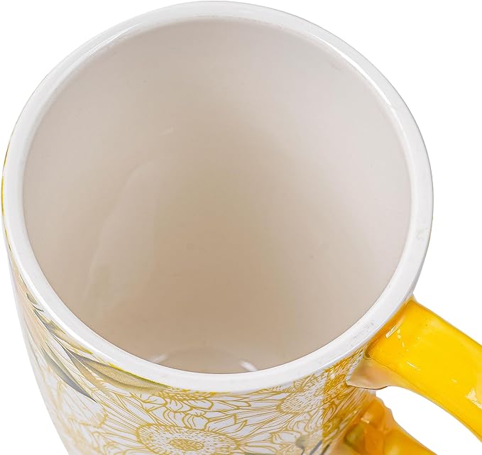 DUSVALLY Ceramic Tall Coffee Mug, Friends Coffee Cup Gift Set, Travel Mug with Lid for Office and Home, Porcelain Mug Unique Gifts for Women and Man, Color Box, 17 oz, Yellow Sunflower