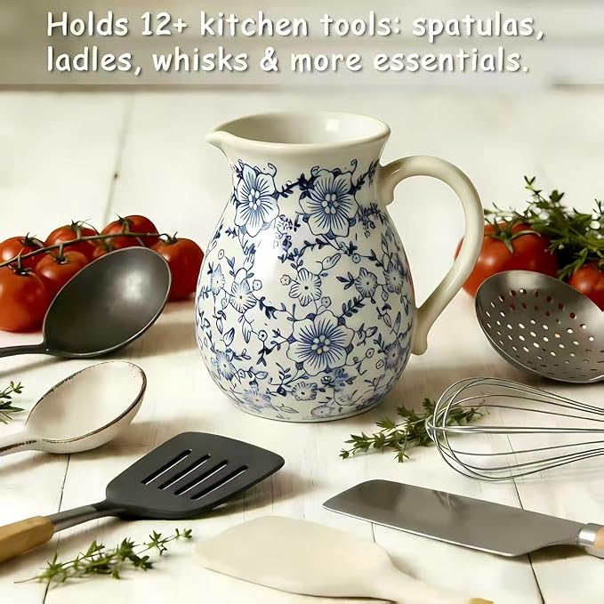 Rustic Ceramic Utensil Holder, 6.1" Modern Farmhouse Cooking Utensil Holder for Kitchen Counter with Handle, Kitchen Utensil Organizer Crock (Blue white)