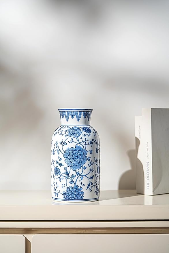 Modern Blue and White Porcelain Vase - Chinoiserie Ginger Jar for Home Decor, Floral Arrangement, 11-Inch Height Handcrafted Ceramic Vase