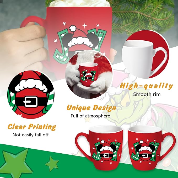 Christmas Santa Ceramic Coffee Mug, 13 oz Novelty Xmas Joy Tea Cup with Handle, Funny Winter Holiday Gifts for Friends Women Men, Red Drink Mugs Microwave and Dishwasher Safe