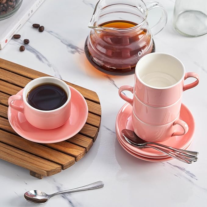 2.5oz Espresso Cups Set of 4, Demitasse Cups and Saucers with Spoons for 4, Expresso Shot Cups for Espresso Machine-Pink