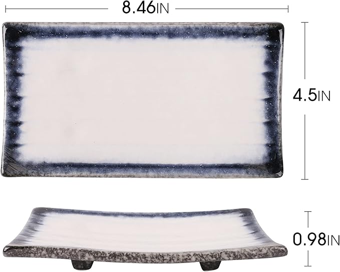 Uaral Sushi Plate,Ceramic White Sushi Plate Sashimi Plate Japanese Platter For Restaurant and Sushi Bar,Set of 4(Midnight Blue&White)