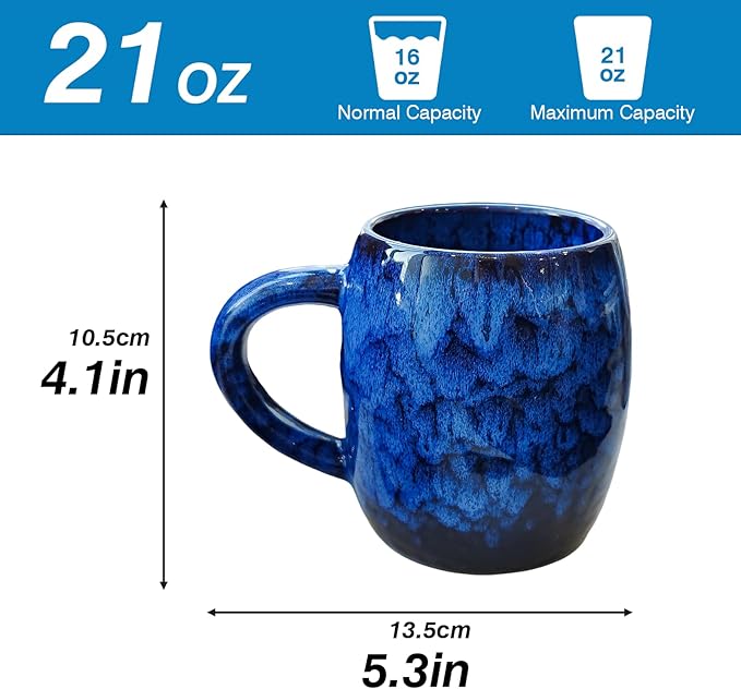 21oz Unique Handmade Ceramic Coffee Mug - Kiln Change Artisan Pottery, Large Handle, Microwave & Dishwasher Safe, Lead-Free Thick Stoneware, Gift for Office, Men & Women (Deep Blue)
