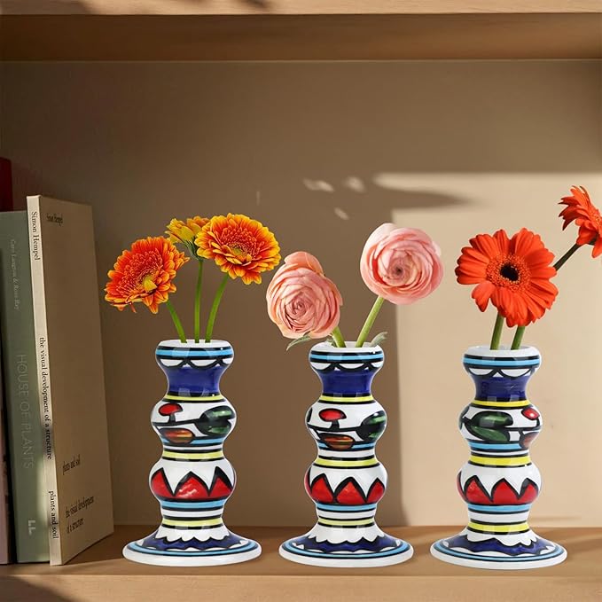 Vixdonos Painted Ceramic Vase Colorful Bud Vase Set of 3 Small Flower Vase Rustic Mini Vases in Bulk for Home Decor, Wedding and Dinner Party(Colorful)