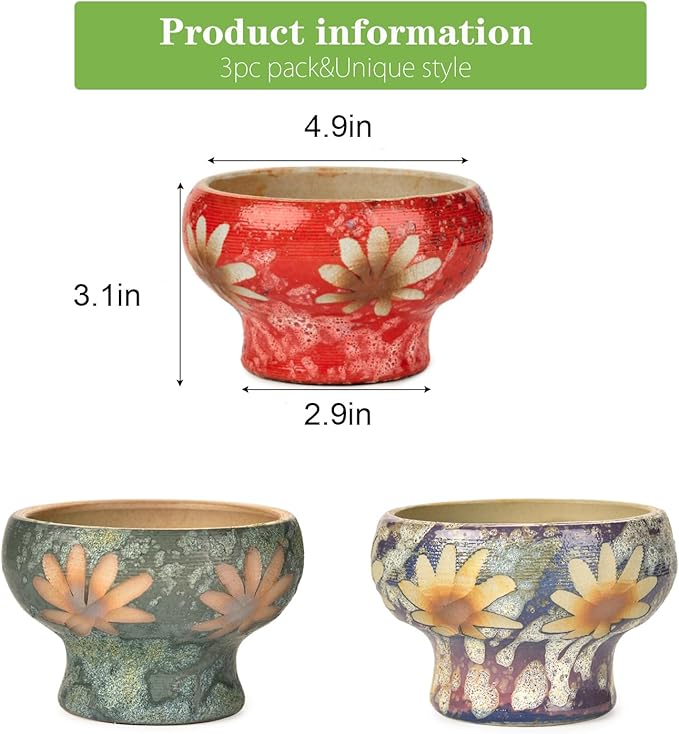 Sungmor Small Succulent Planters Set of 3, Beautiful Hand Crafted Ceramic Plant Pots Cute Cactus Pot, 4.9 Inch Flower Pots for Indoor Plants with Drainage, Desktop Windowsill Home Office Decor Pots