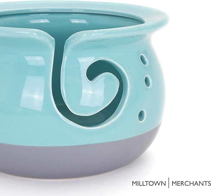 Milltown Merchants Yarn Bowl - Yarn Holder - Knitting Accessories - Artisan Knitting Bowl - Ceramic Yarn Ball Holder - Great for Knitting, Crochet, and Yarn Storage (Aqua)