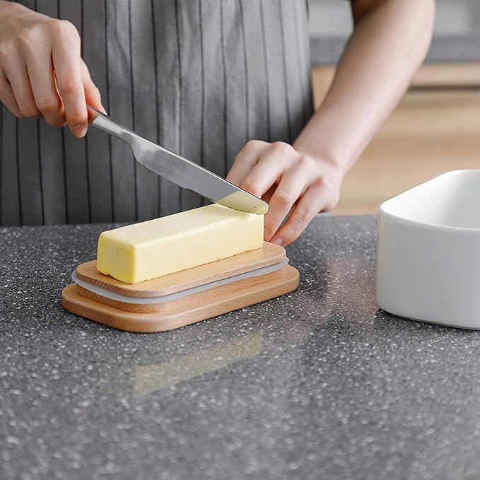 Large Ceramic Butter Dish with Lid and Natural Oak Wood Cover for Kitchen Decor and Accessories for Kitchen Gift, White