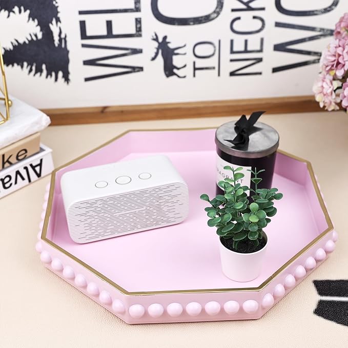 Pink Serving Tray for Coffee Table, Octagonal Beaded Plastic Decorative Tray for Ottoman, Kitchen Counter, Living Room