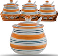 Kitchen Ceramic Condiment Jars with Lids and Spoons, 3 Piece Porcelain Seasoning Jar Set for Salt Spice Pepper Suger Bowl, Coffee Tea Container Pot with Serving Tray - Orange Round