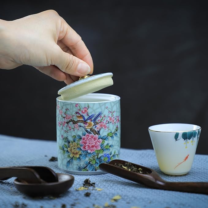 Enamel Ceramic Tea Caddy Tea Canister Tea Storage Container Tins Jar with Airtight Lid Water-proof Tank for Tea, Coffee, Herb, Sugar, Spice, Nuts