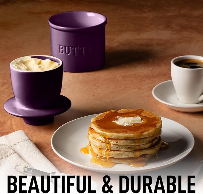 Zulay Kitchen Bell Shaped Butter Crock with Lid for Countertop with Water Line & Spreader Knife, Ceramic French Butter Dish Keeper For Fresh, Soft & Spreadable Butter - Purple