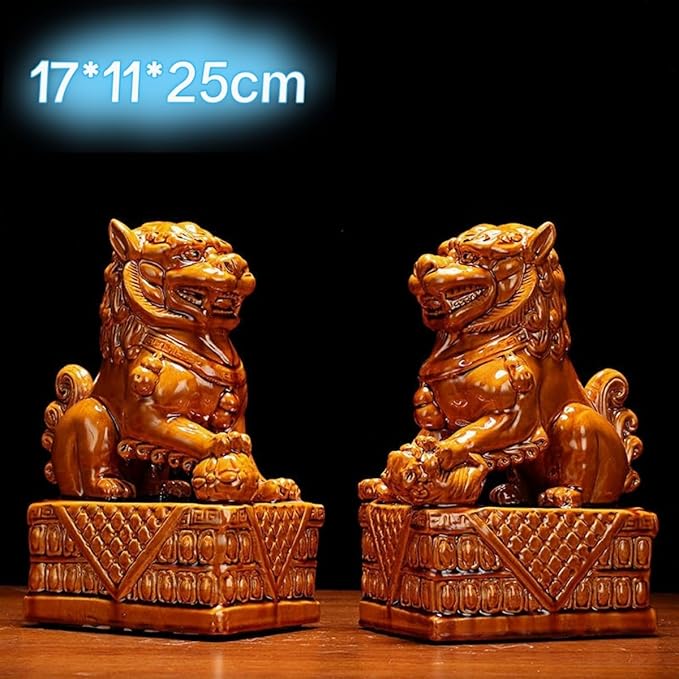 Art Sculpture/Figurine/Decorative Ceramic Lions Pair Home Decorations Asian Art Desktop Feng Shui Ornaments Yellow Brown